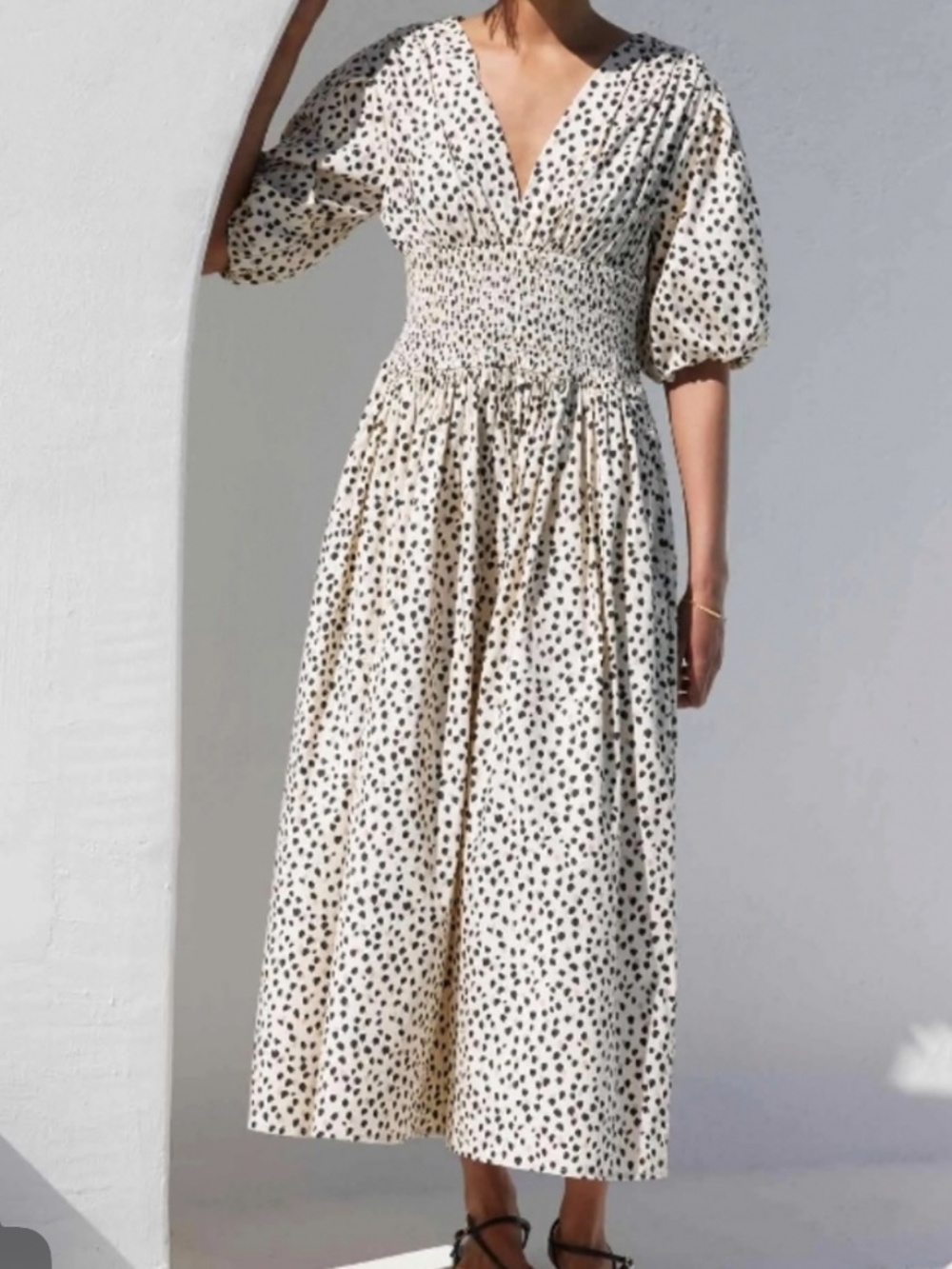 AYR | The Extra Extra Smocked Midi Dress Neutral Beige Spot Animal Print Small